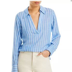 AQUA Blue Collared Stripe Long Sleeve Blouse Size Medium